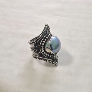 Iridescent Blue Pearl Sterling-Style Statement Ring
